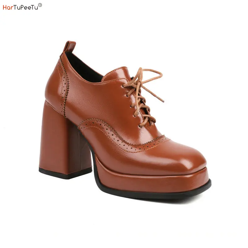 

Women Pumps Block Heels Black Brown Platform Shoes Leather Lace Up Comfy Loafers