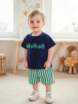 Toddler Boys 2-Piece Outfit Short Sleeve Dinosaur Print Tee with Denim Shorts Summer Set for Little Boys 1