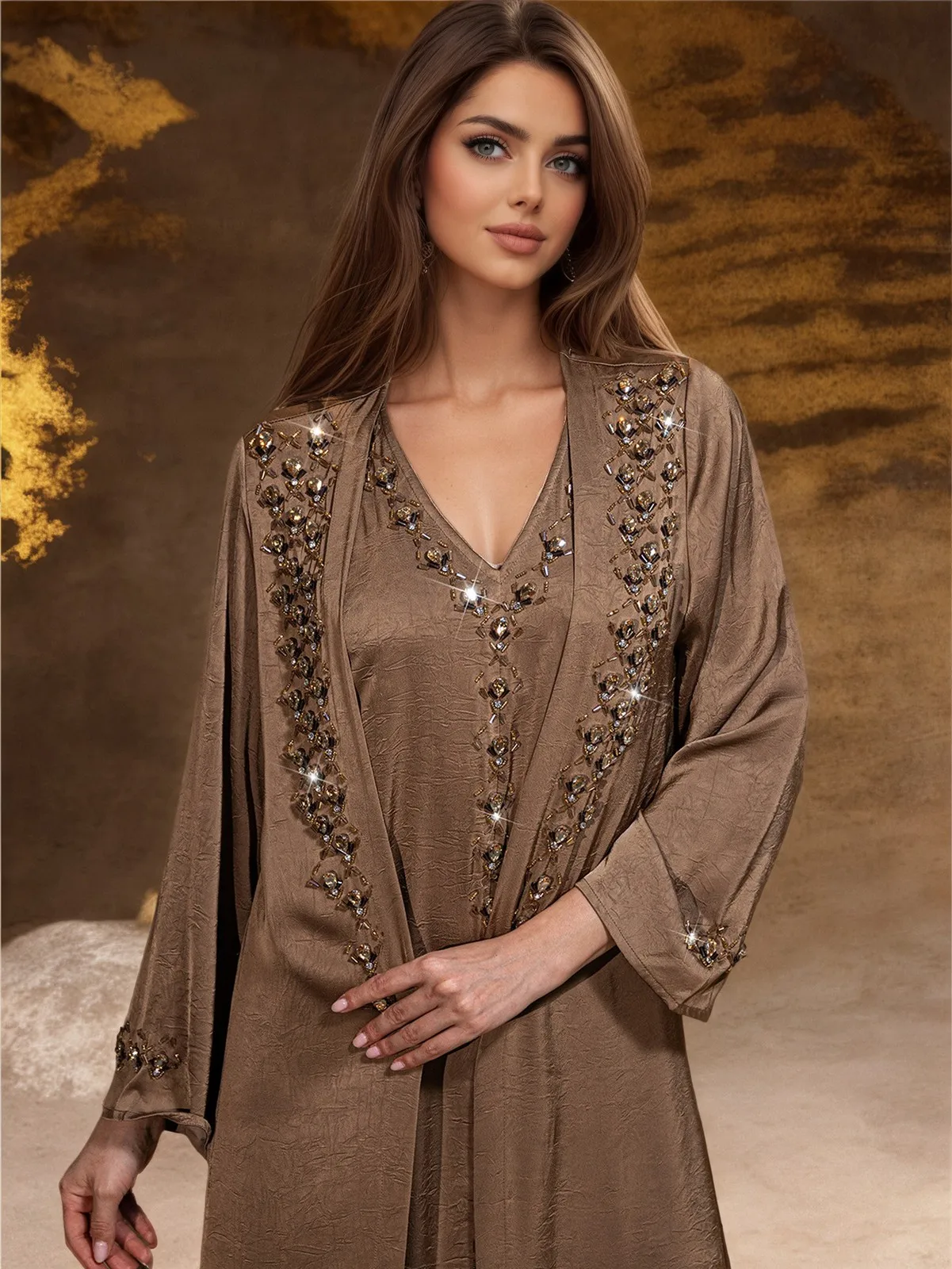 2 pieces dress jacket woman luxury set Muslim elegant hand embroidered perforated loose caftan Dubai banquet party