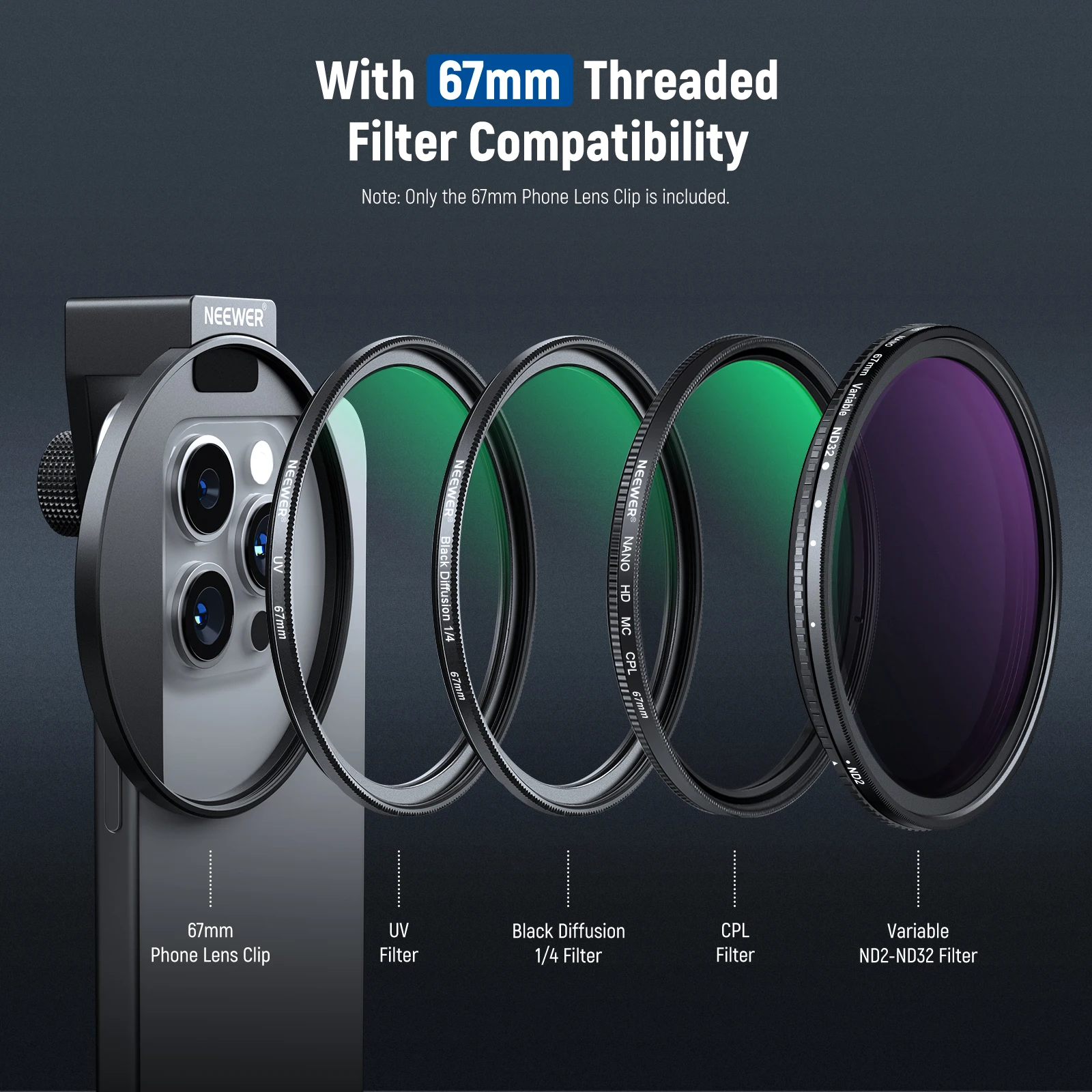 67mm Phone Filter Mount Lens Filter Clip with Cold Shoe Mount For iPhone 15 Pro