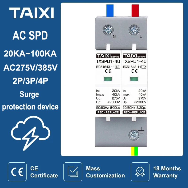 Taixi Dispositivo Di Protezione Da Sovratensione Ac 220V 380V Spd Protezione Da Sovratensione Protezione Contro I Fulmini 20Ka 40Ka 60Ka 100Ka Corrent