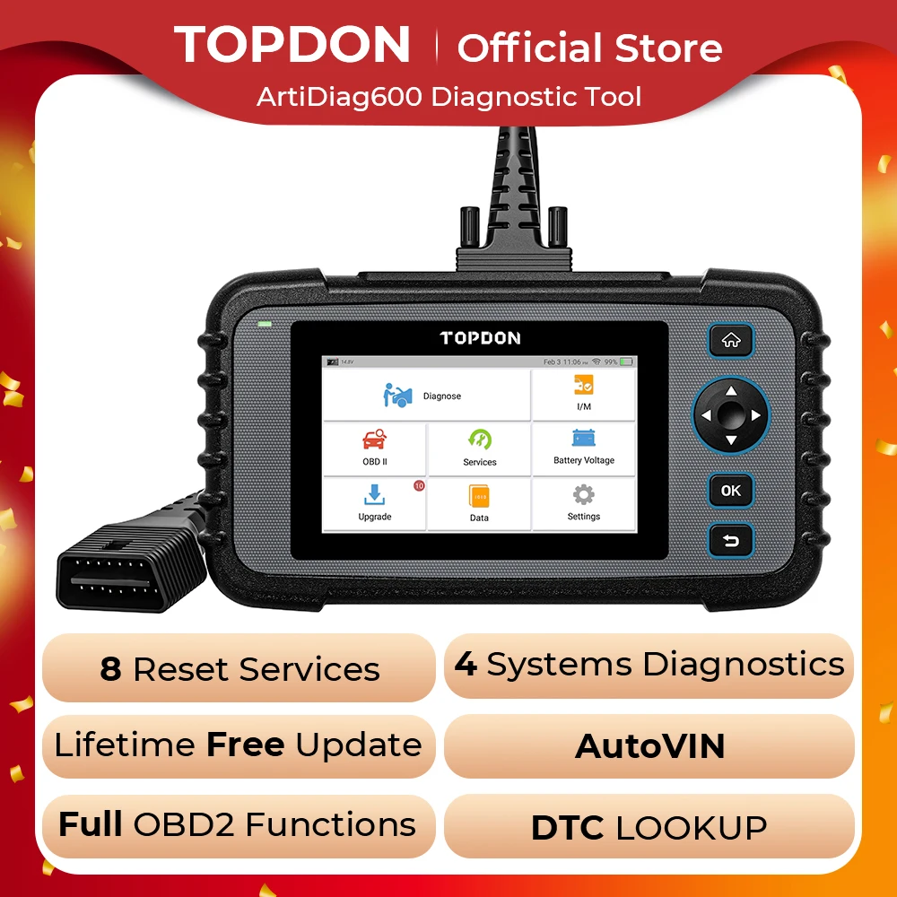 TOPDON ArtiDiag600 OBD2 Car Diagnostic Tool Profession Automotive Scanner Code Reader Auto Tool CAN Engine/SRS/ABS/TPMS/Oil Tset