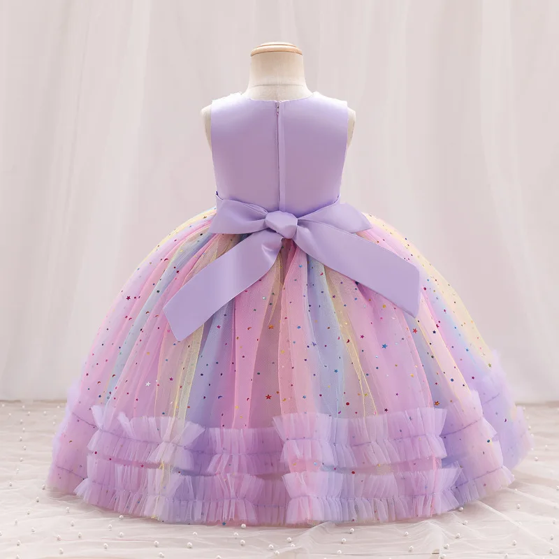 New Girl Embroidered Star Sequin Rainbow Mesh Sleeveless Dress Christmas Birthday Party Evening Dress for 1-10 Years Girl