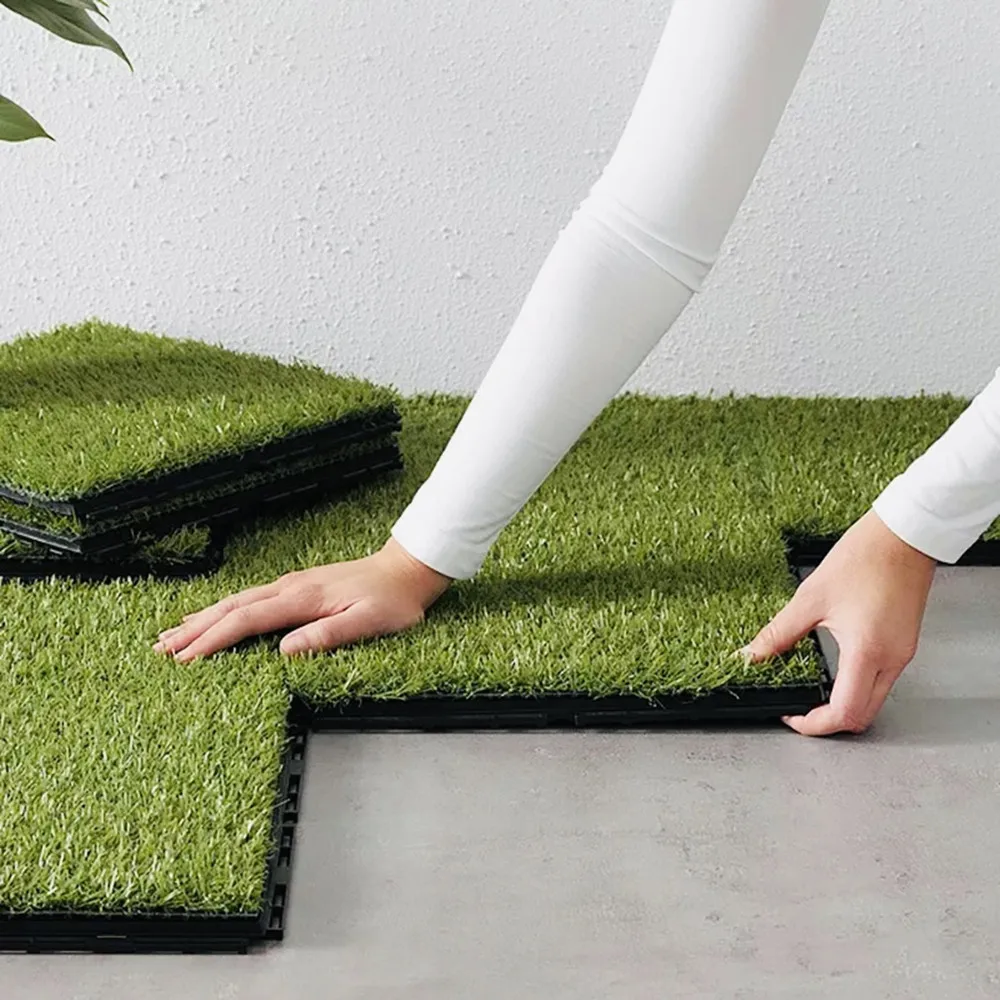 Artificial Realistic Grass Tiles, Grass Interlocking Synthetic Thick Turf Flooring，8Pcs 12"Lx12"W