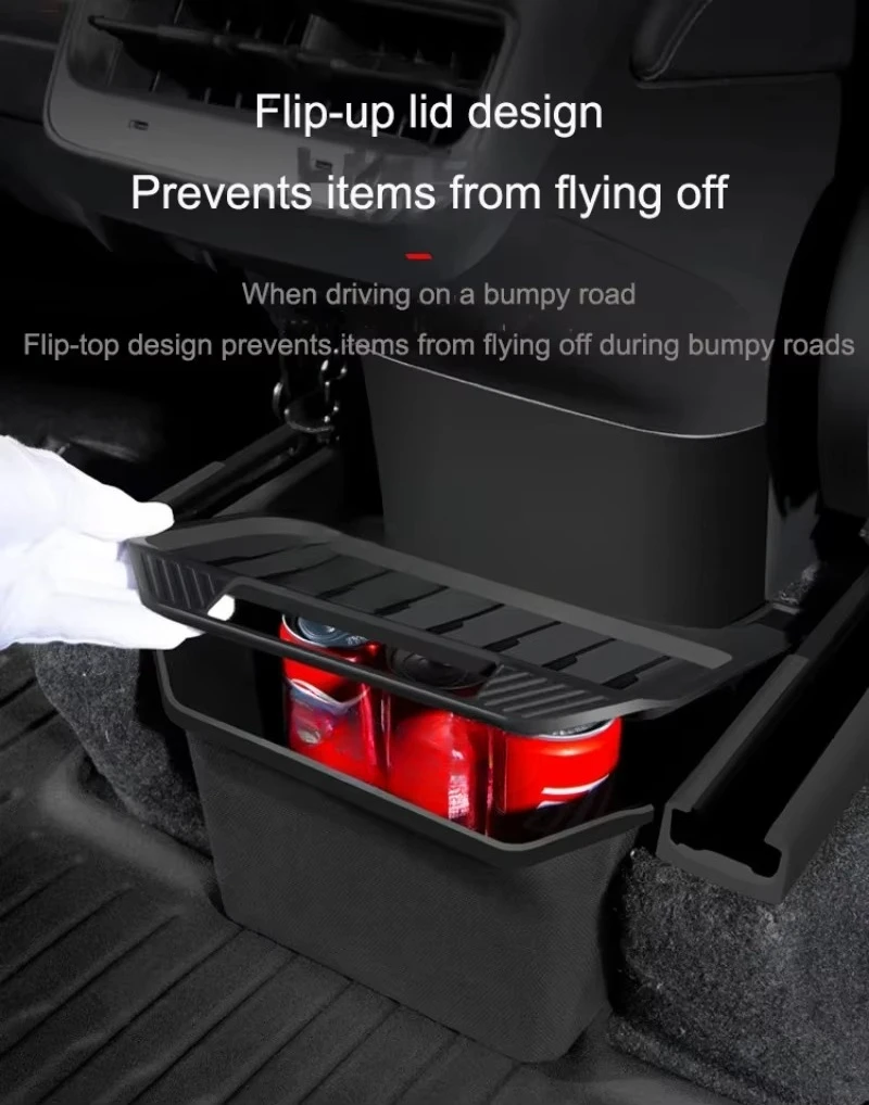 For Tesla Model Y-Rear Center Console Storage Box TPE Organizer Box with Cover Trash Can Under Seat Car Accessories