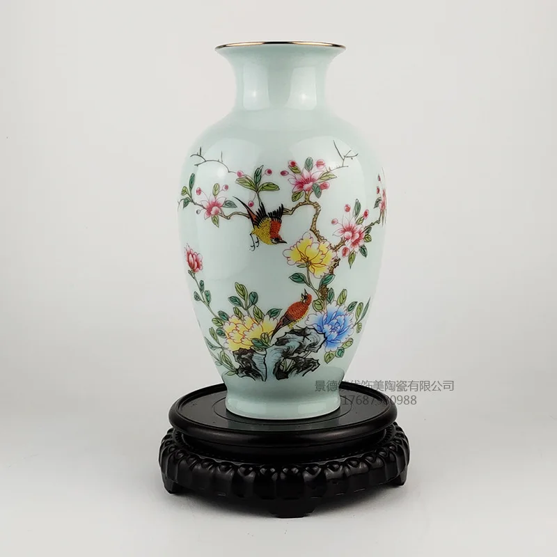 

Антикварная Пастельная ваза Jingdezhen с дизайном цветов и птиц, керамическая ваза для гостиной, антикварная полка, украшения для мебели
