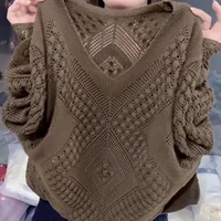 Long Sleeve V-Neck 2024 Fashionable Korean Style Loose-Fit Hollow Knitted Top Women's Sweater Stylish Autumn New Arrival