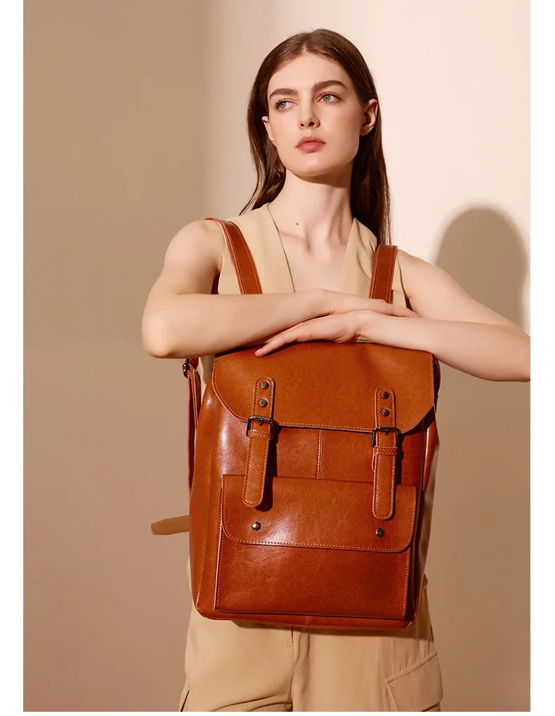 Genuine leather Backpack Women's wear-resistant cowhine computer Knapsack College style 14 