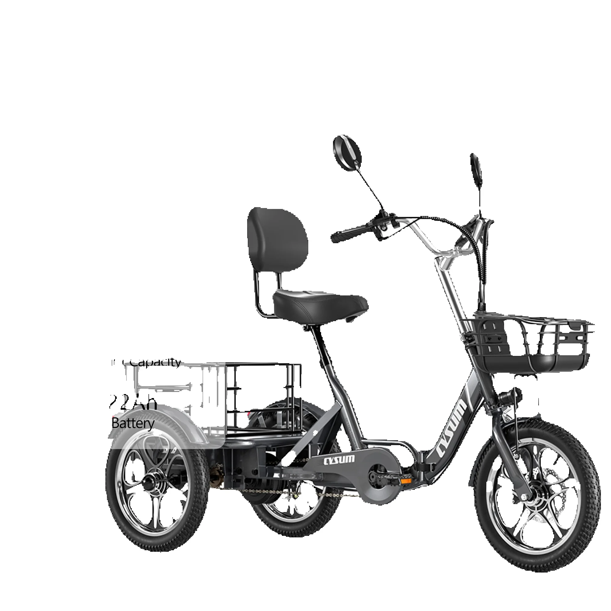 CYSUM T1 Pro Erwachsenen-Elektro-Dreirad 250W Elektrisches Lastendreirad 48V22AH Akku-Fahrrad E-Bike 16 Zoll Reifen E-Lastenfahrrad