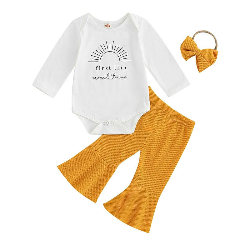 

Baby Girl Fall Outfits Sun Letter Print Crew Neck Long Sleeve Rompers Flare Pants Headband 3Pcs Clothes Set