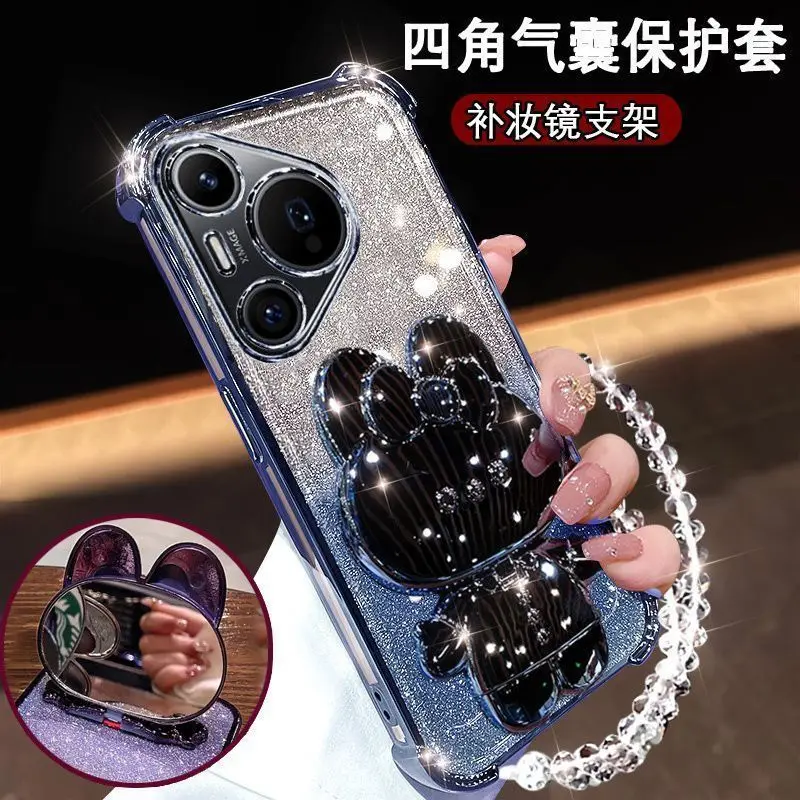 Rabbit Mirror Holder Gradient Glitter Strap Back Cover