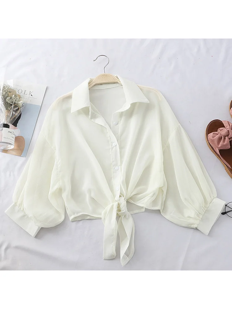 ตัวเลือกสินค้า เสื้อเชิ้ตชีฟองแขนยาว ผูกเอว หรูหรา ฤดูร้อน