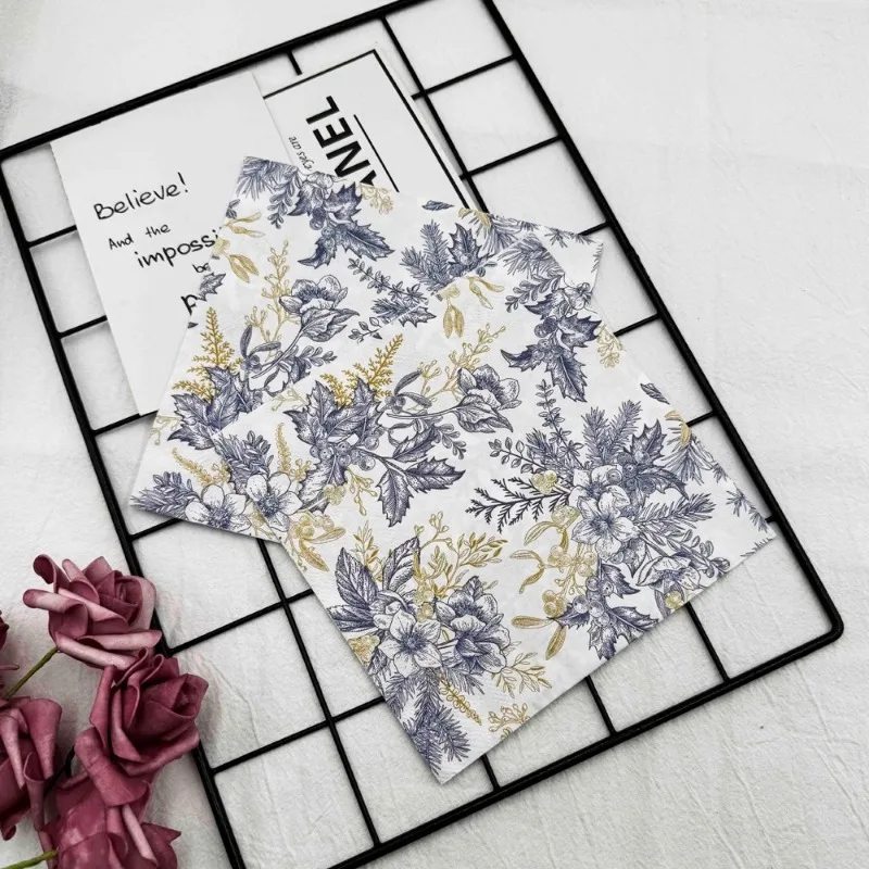 2-Ply gold bloom blue printed napkin placemat 10/20pcs/pac wedding party wine glass flower paper DIY butterfly bone bart paper