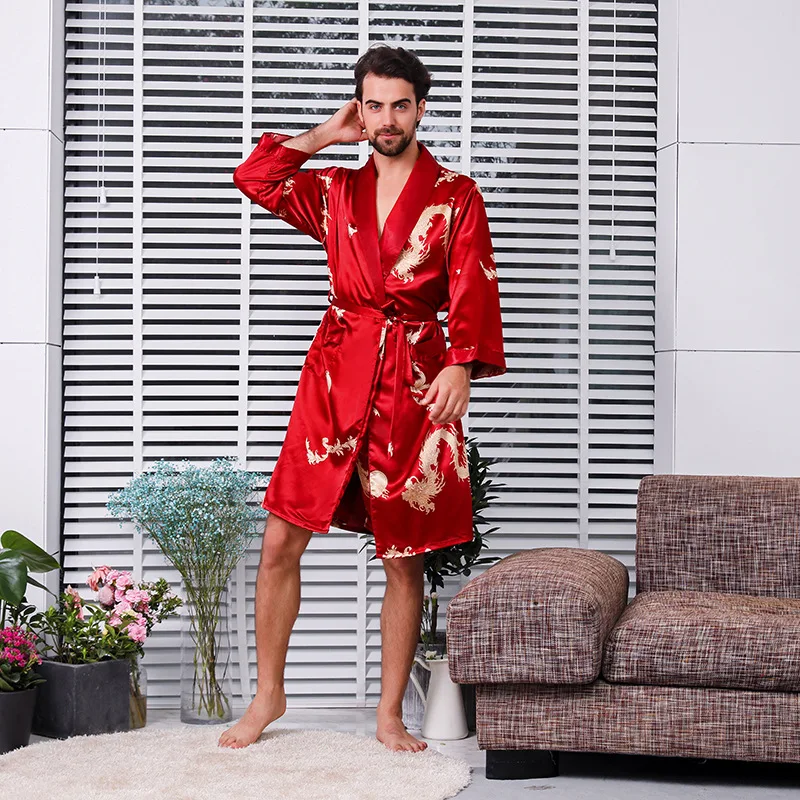 Silk Sleepwear Bathrobe Long Sleeve Pajamas Summer Nightgown Men Clothing Robe Print Silk Pajamas Ice Silk Loungewear New