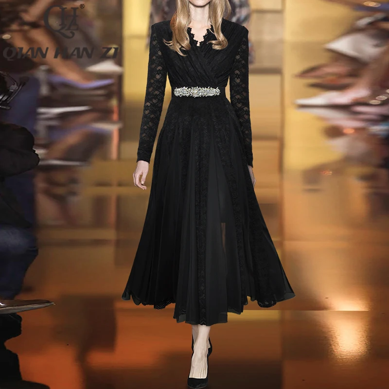 

QHZ Designer Fashion runway Maxi Dress For women V-necked Perspective lace Spliced Vintage Crystal Belt Slim party Long dress