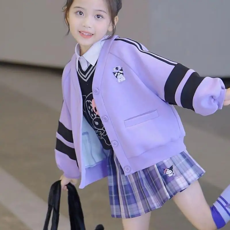 

Sanrio Cute Girls Cardigan Pleated Skirt Suit Anime Kawaii Kuromi Preppy Style Leisure Sports Children's Clothing Student Gift