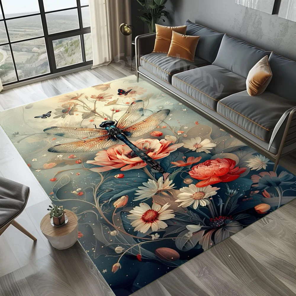 Vintage Floral Dragonfly Rug 3D Print Botanical Carpet Anti-Slip Large ...