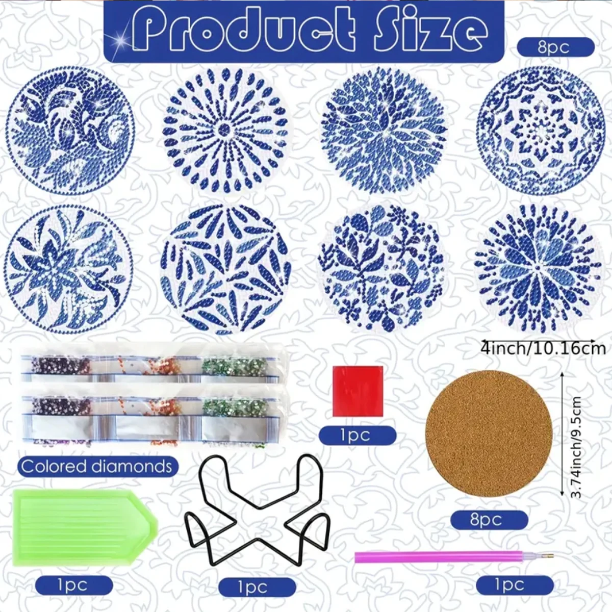 Elegant Porcelain Pattern Diamond Art Coaster Set with Complimentary Holder (8-piece)