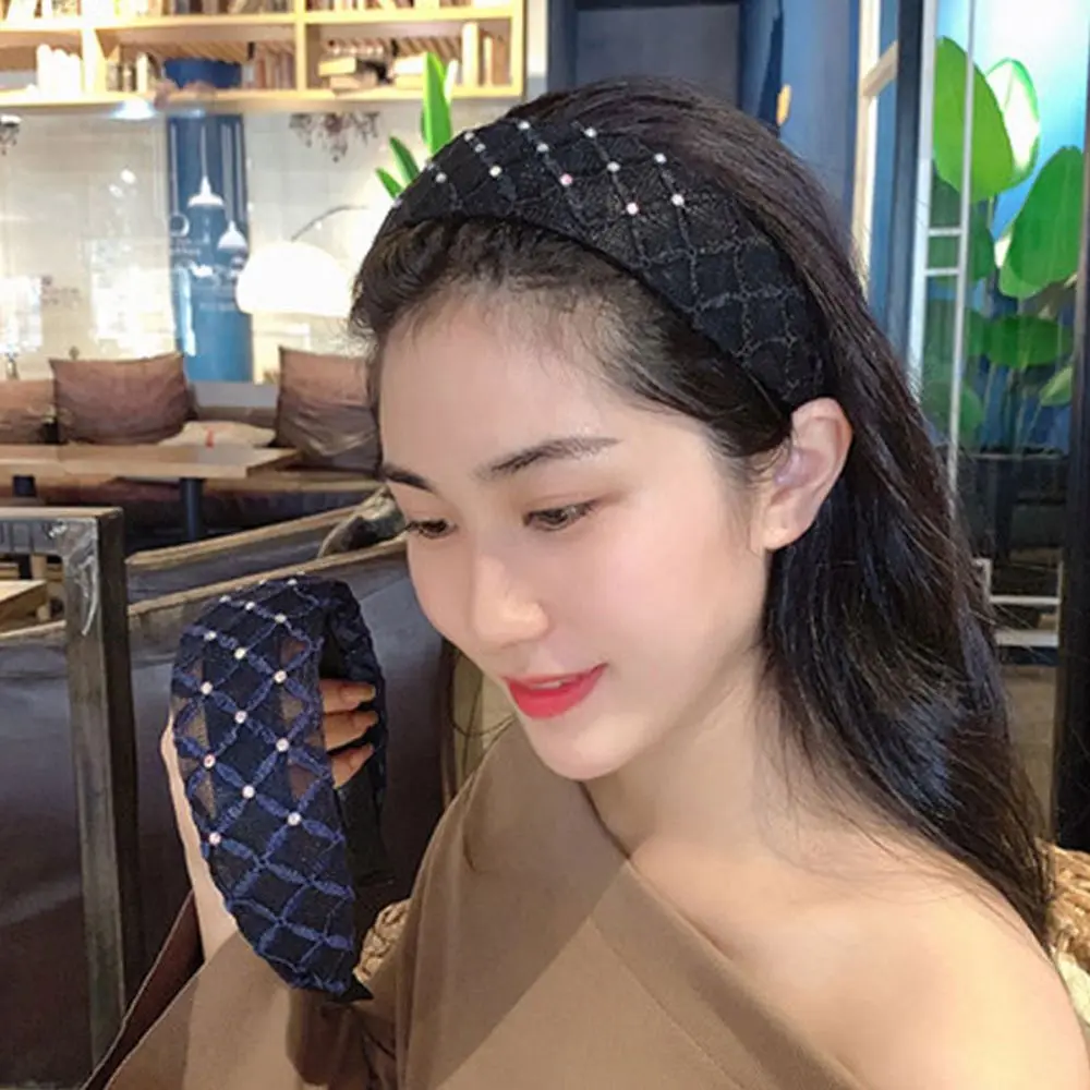 

Fashion Design With Toothed Resin Korean Style Hair Wear Lace Plaid Headband Women Hair Accessories Wide Side Hairband