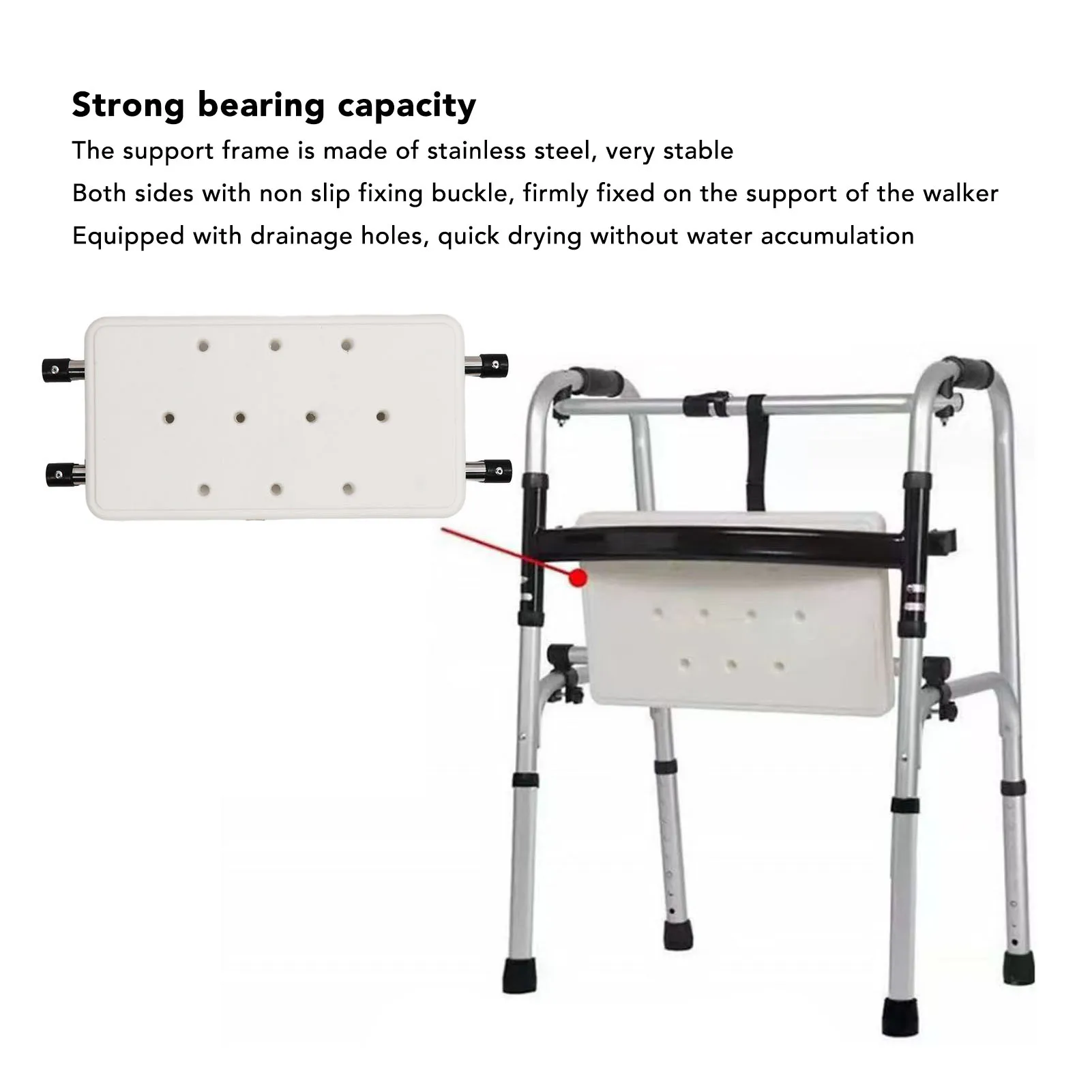 Walker Seat Set Strong Load Bearing Black Soft Padded Rest Seat and White Quick Drainage Bath Plate Walker Attachable Seat 2