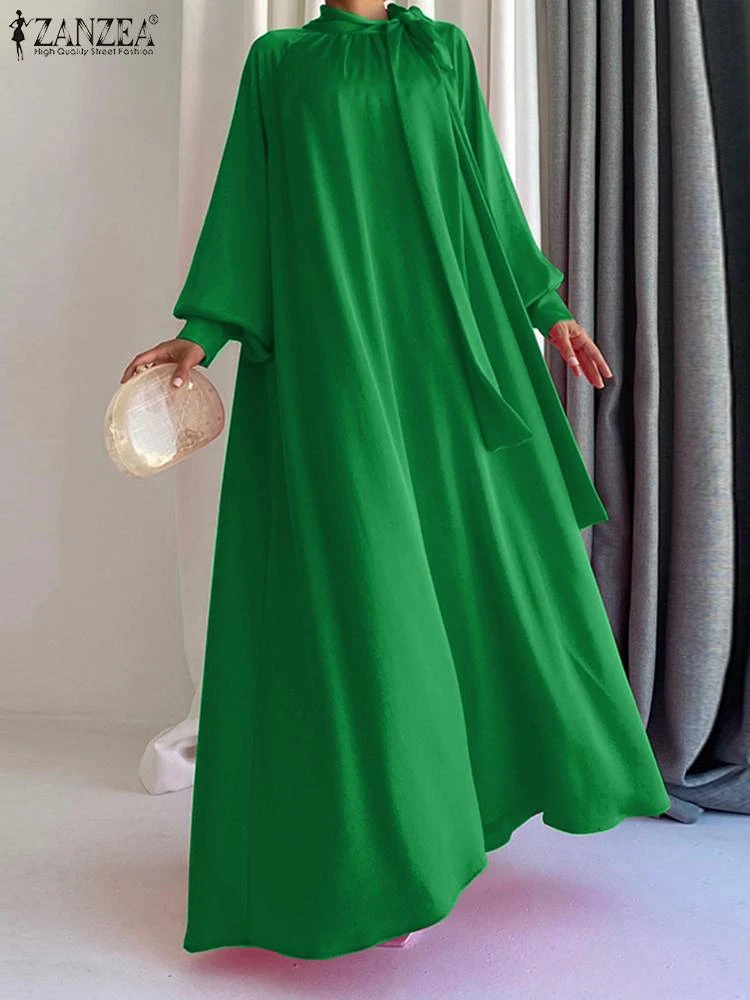 Zanzea Casual Swing Maxi Dresses Fashion Women Bow Tie Neck Puff Sleeve