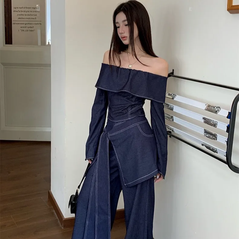 Women's Wrap Top Tie Workwear Long Pants Pocket Denim Blue Crop Waist Set Suit