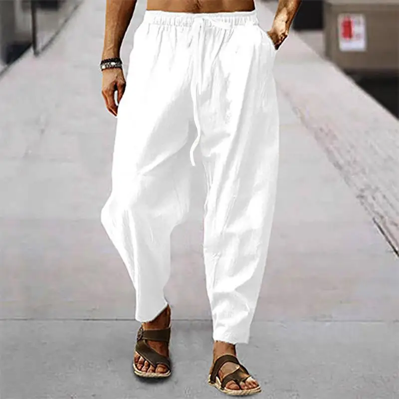 Pantalones casuales sueltos de lino y algodón transpirables de verano para hombre