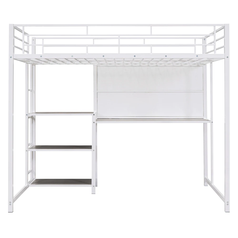 Full Size Loft Bed with Desk and Whiteboard, Metal Loft Bed with 3 Shelves and Ladder, White 3