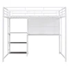 Full Size Loft Bed with Desk and Whiteboard, Metal Loft Bed with 3 Shelves and Ladder, White 3