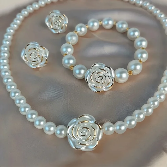 Collier et Bracelets en Imitation de perles pour femmes, élégant, fleur délicate, boucles d'oreilles, polyvalent, quotidien, fête, Banquet, mariage, bijoux cadeaux 1