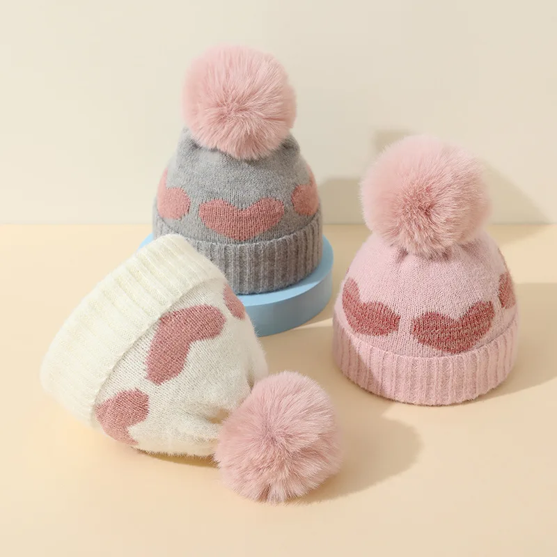 Autumn Winter Baby Girl Hat with Pompom Heart Pattern Kids Beanie Caps Warm Knitted Infant Toddler Bonnet Hats Baby Accessories