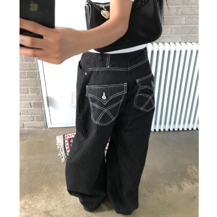 Casual Vintage Wide Leg Workwear Pants High Waist Denim Fabric All Match Loose Fit Trousers for Young Women Spring Season - 3