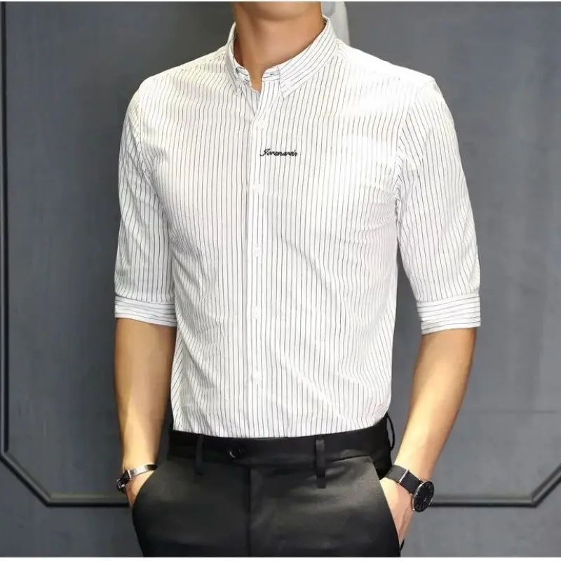 Summer New Business Leisure Commuter Top Fashion Button Simplicity Striped Polo Collar Half Sleeve Temperament Versatile Shirt