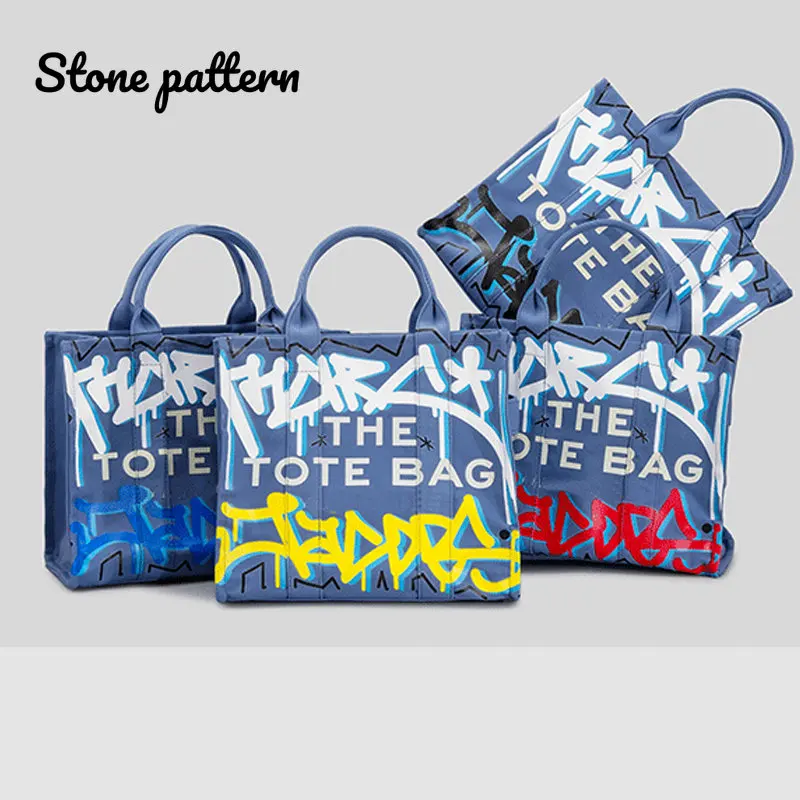 Letter Graffiti Tote for Women Men Blue Canvas Handbag Shopper Shoulder  Crossbody Bag Ladies Fashion Commuter Top-Handle Bags