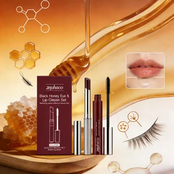Zephoco Makeup Set Black Honey Lipstick Waterproof Mascara Lengthening Eyelash Mascara Hydrating Lipstick Brown Black Mascara