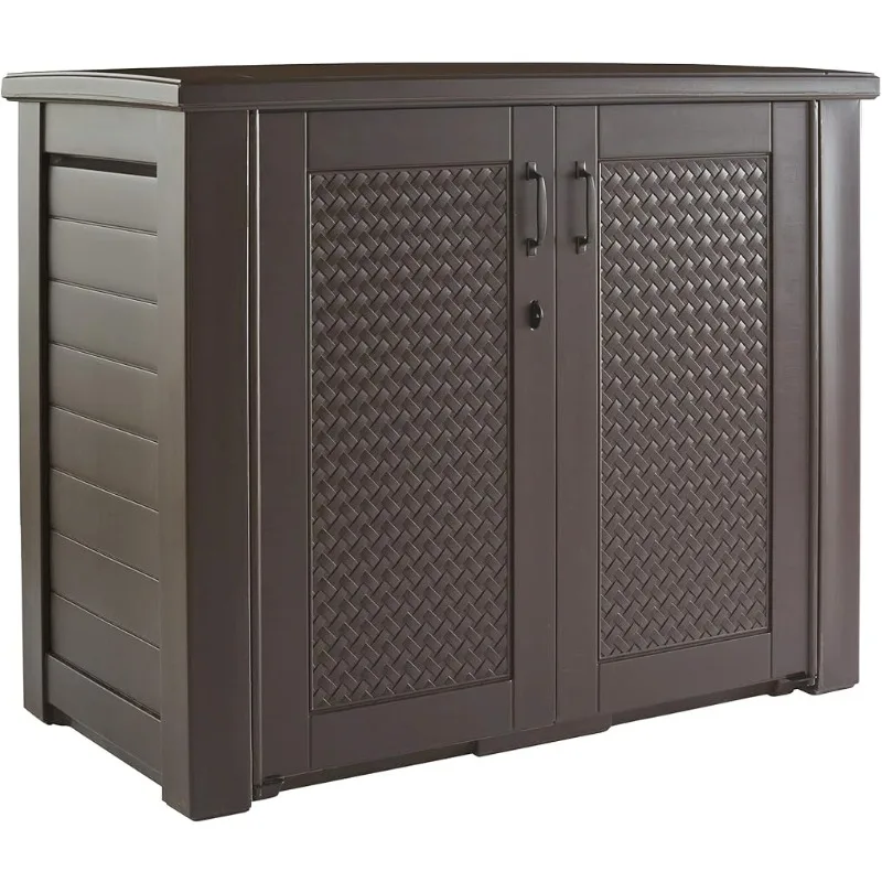 

Rubbermaid Extra Large Decorative Patio Storage Cabinet Weather Resistant 123 Gal Dark Teakwood for Garden/Backyard/Home/Pool