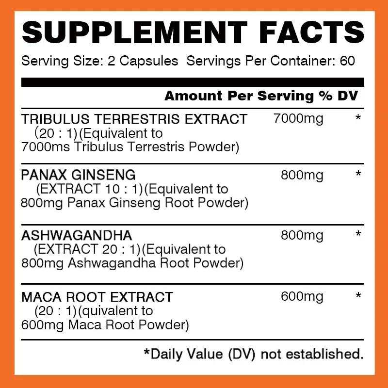 Tribulus Terrestris + Ginseng Supplement Supports Athletic Performance Endurance Peak Energy Muscle Strength & Immune Health ginseng supplement muscle supplement male performance supplement