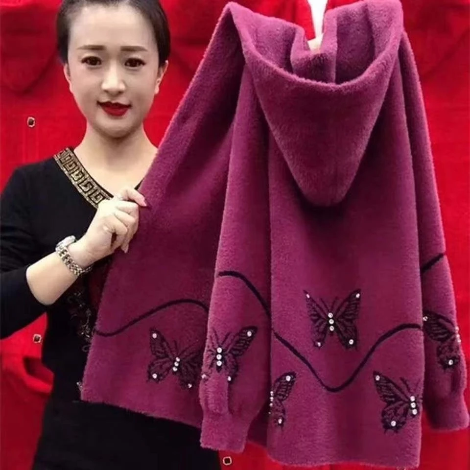 모조 밍크 벨벳 중년 노인 어머니 코트 가을 겨울 두꺼운 후드 가디건 스웨터 여성 니트 재킷, 2023