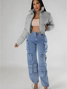 Puffer Jacket Women's Cropped Zip Casual Cotton Coat Up Padding Warm Jackets Winter Coats 3