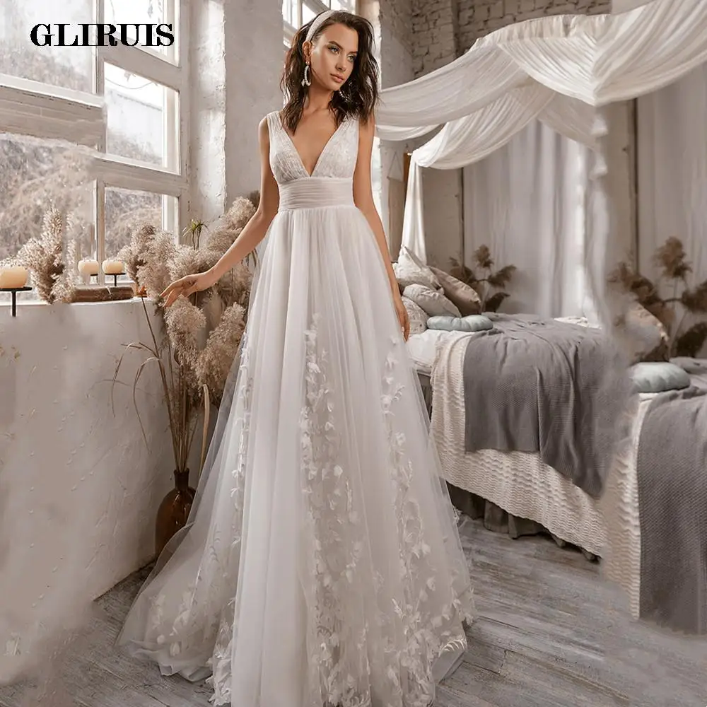 

Princess Boho Wedding Dresses A Line V Neck 2022 Sleeveless Backless Lace Sweep Train For Women Tulle Robe De Soirée De Mariage