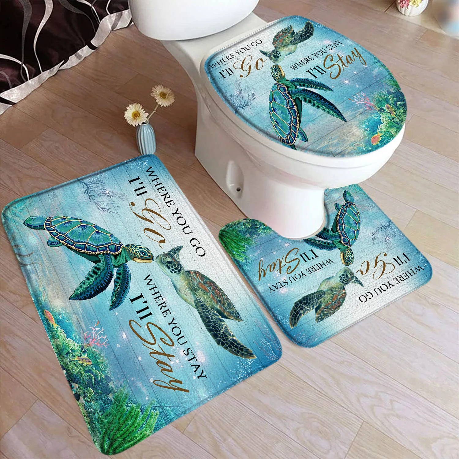 Dolphin Bath Mat Set Ocean Tropical Fish Coral Underwater Cave Nature Scenery Home Carpet Bathroom Decor Floor Rugs Toilet Cover