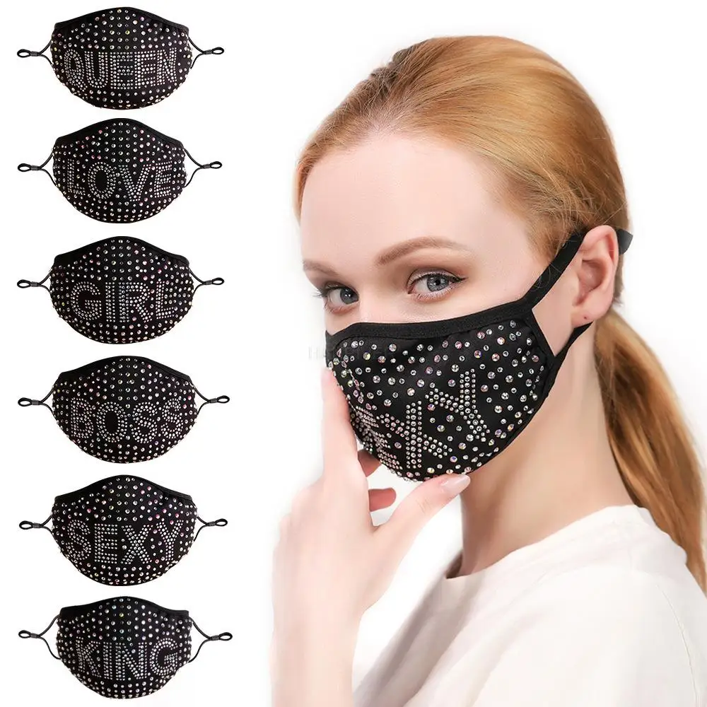 1pcs Letter hot drilling mask non-disposable black washed cotton Hanging ear type dustproof suitable for all seasons