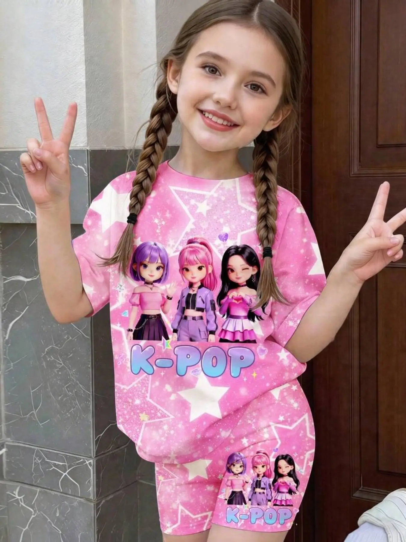 Girls' Sweet Pink "Starry Sky" & Cartoon Print Two-Piece Set – Soft Short-Sleeve T-Shirt & Loose Casual Shorts (Street-Style Kid
