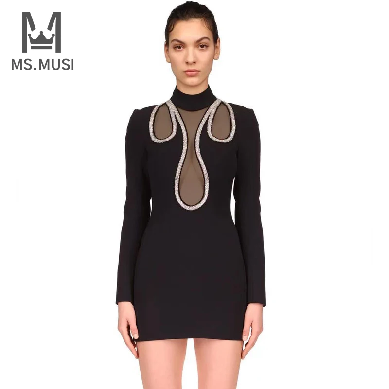

MSMUSI 2023 New Fashion Women Sexy Crystal Sequins Long Sleeve Lace Mesh Hollow Out Bandage Party Club Bodycon Event Mini Dress