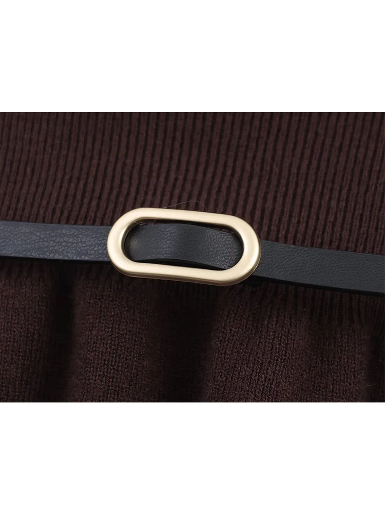 Women's Knitted Tops With Belt 2025 Autumn Hem Ruffle Loose Pullover Top Fashion Vintage Sweaters Female Casual Knitwear