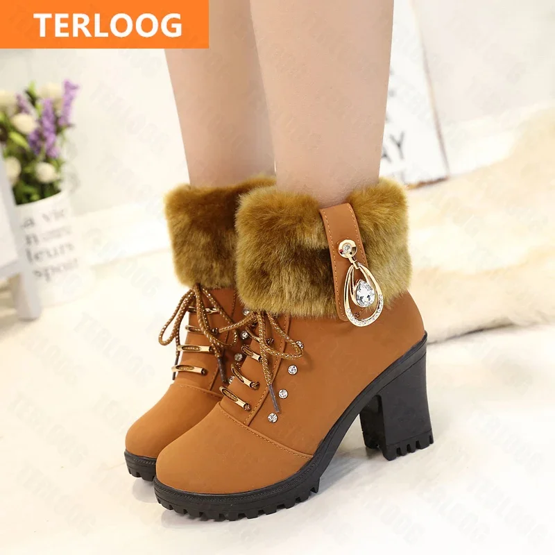 New Winter Women High Heels Shoes Warm Non-slip Block Cow Suede Warm Snow Boots Fashion Designer Crystal Plush Goth Botas