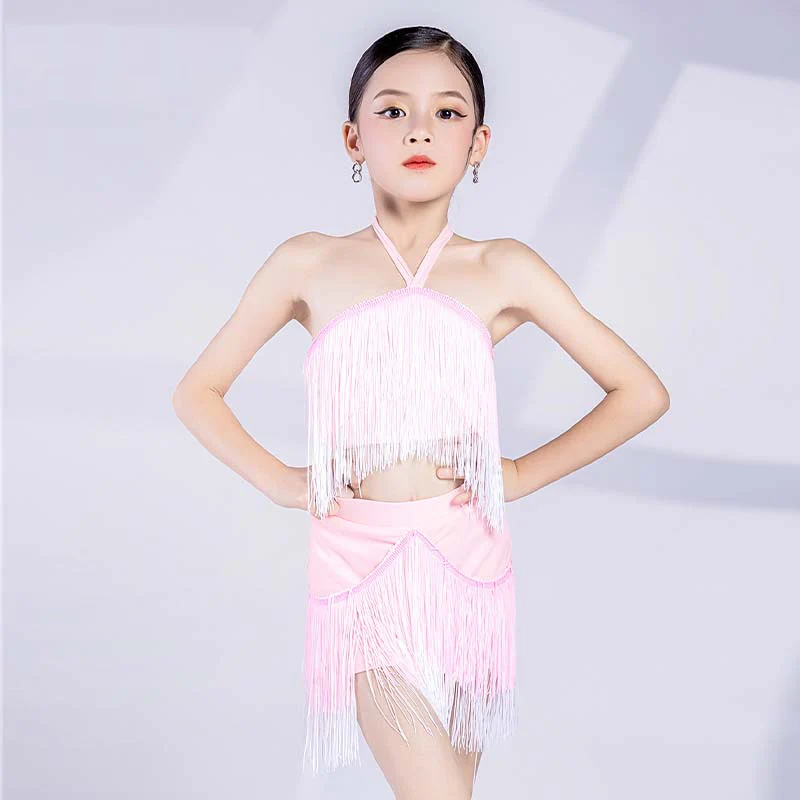 

Pink Tassel Latin Dance Competition Clothes Girls Halter Tops Skirt Rumba ChaCha Dance Costume Summer Practice Wear DL10555