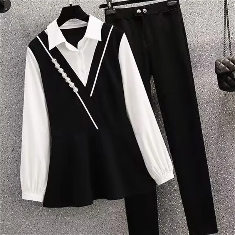 

2023 New Large Size Women's Clothes Spring and Autumn Fat Sister Senior Sense Fake Two-piece Shirt and Two-piece Set of Leggings