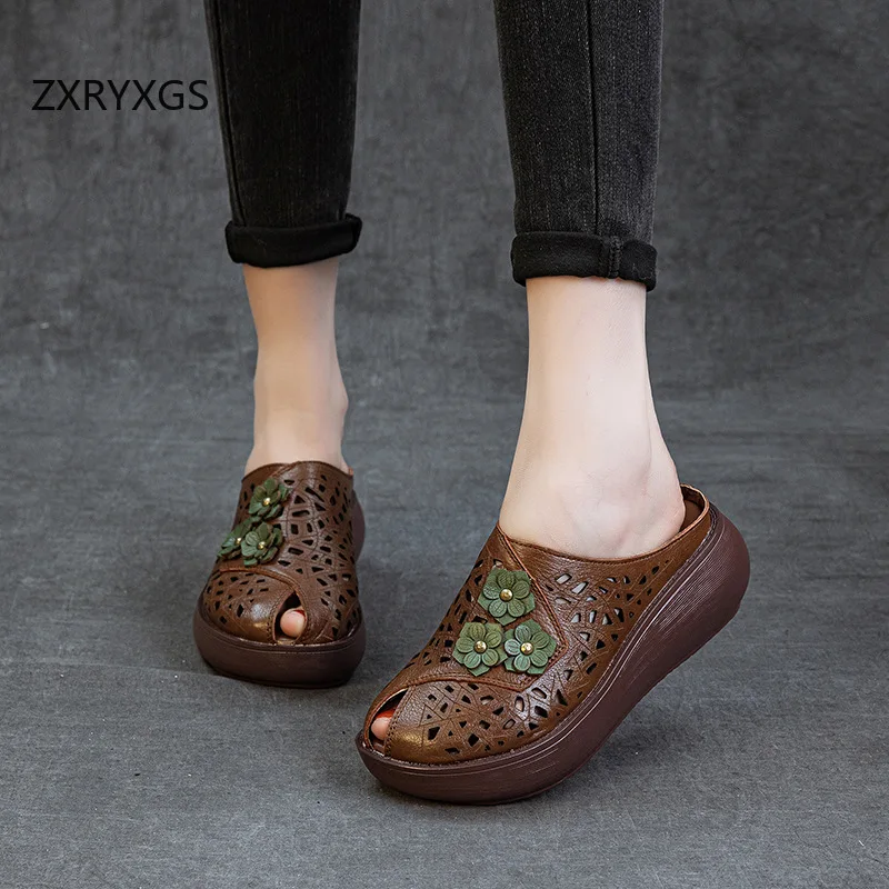 ZXRYXGS 2025 New Summer Flowers Genuine Leather Hollow Fish Mouth