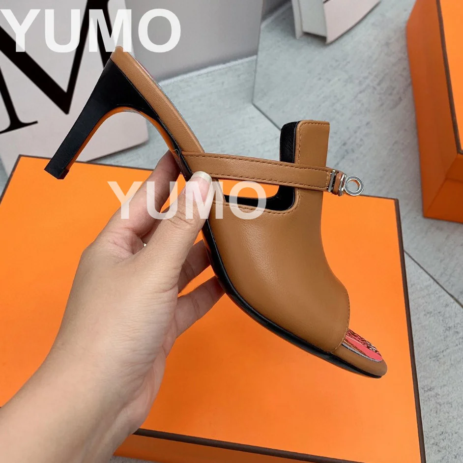

Top Quality Ladies Sexy Slippers Peep Toe Genuine Leather Slip on Metal Buckle Kid Suede Leather Slides for Women Luxury 2023